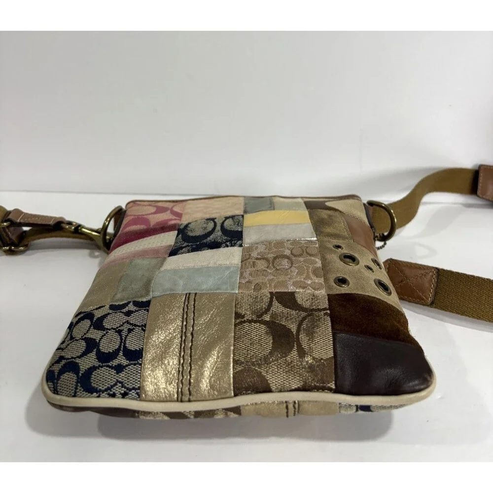 Vtg Coach Signature Patchwork Crossbody Bag Mix Canvas Suede Leather Multicolor